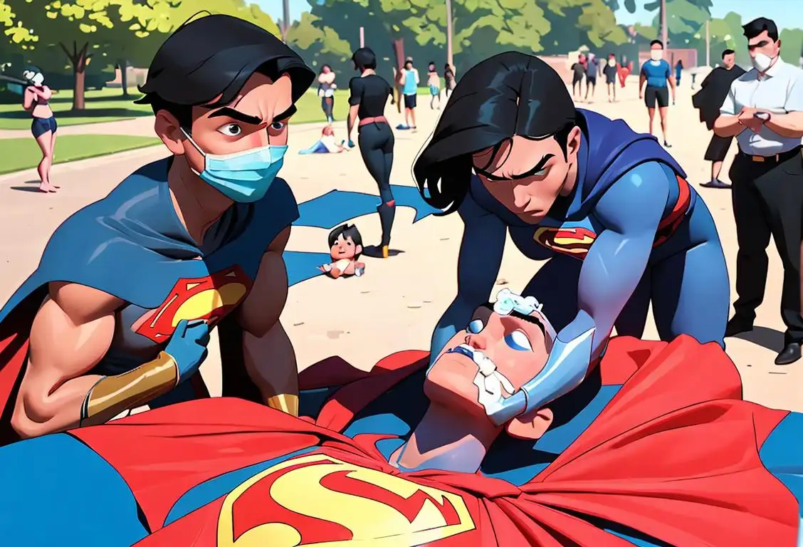 Young man wearing a superhero cape, performing CPR on a dummy in a park, surrounded by eager onlookers..