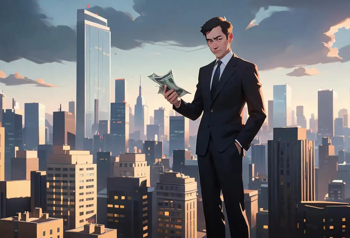 A person confidently holding a stack of money, wearing a business suit, with a bustling city skyline in the background..