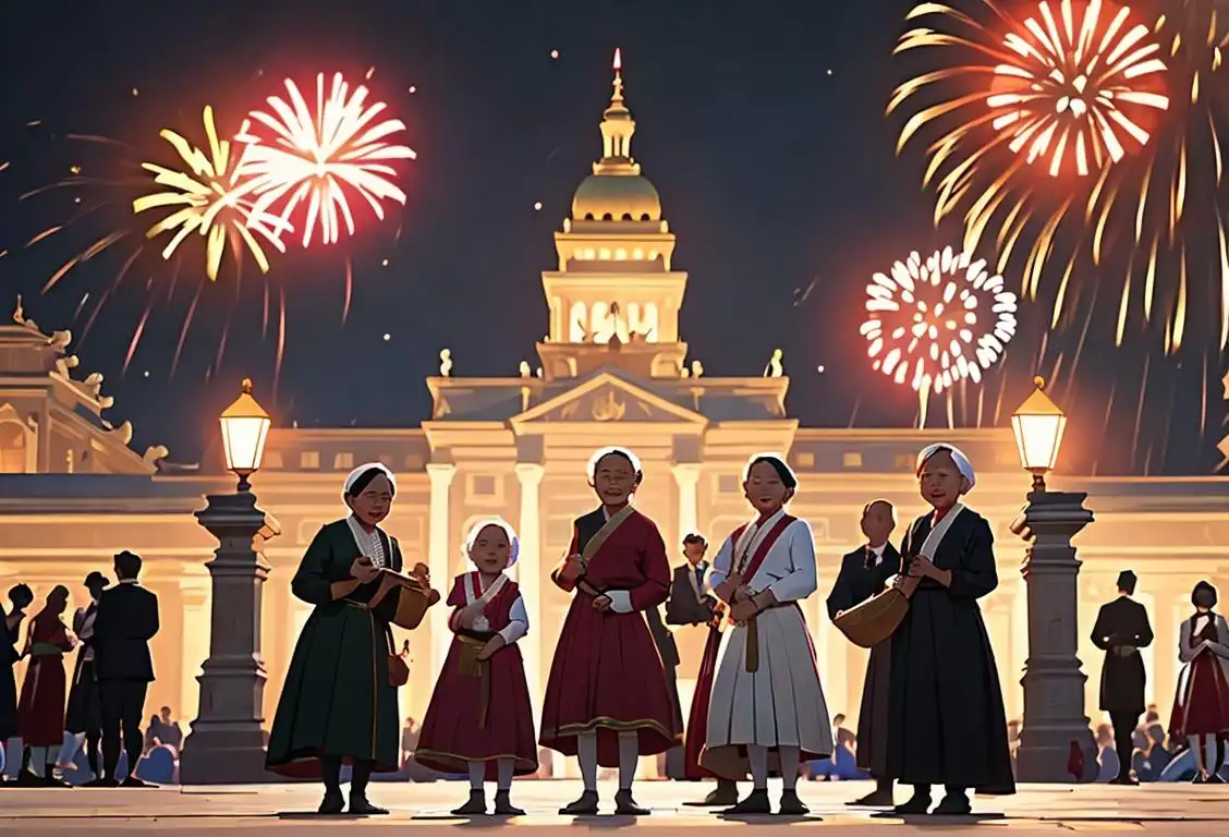 A group of diverse people of all ages dressed in traditional attire, celebrating with fireworks, in front of a historical monument..