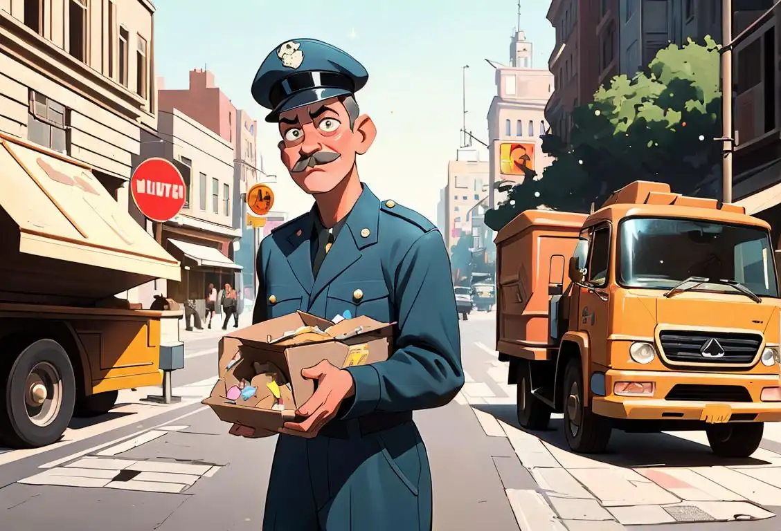 A brave garbage man in uniform, surrounded by sparkling clean streets, with a touch of vintage fashion..
