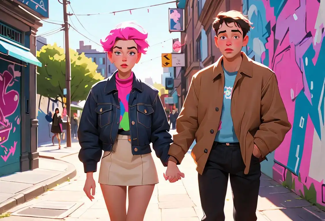 Young man and woman holding hands, exploring a city, dressed in trendy outfits, with a background of vibrant graffiti art..