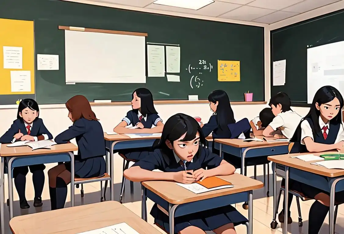 A diverse group of students in a classroom, wearing school uniforms, solving a challenging test together..