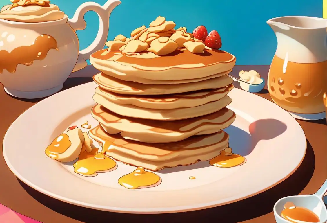 A stack of fluffy pancakes topped with colorful cereal, surrounded by a sunny breakfast scene with happy people pouring maple syrup..