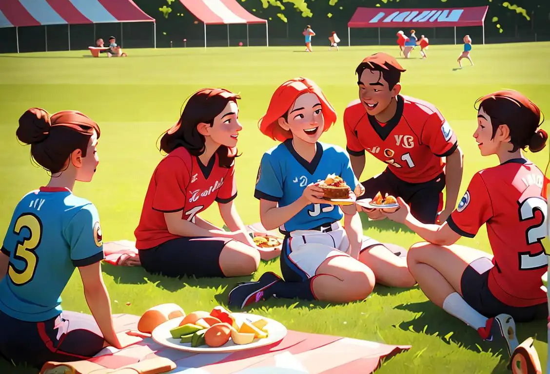 Young adult surrounded by loved ones, enjoying a picnic with an array of delicious food, vibrant sports jerseys, and a heartwarming remembrance display, all in a lively and joyful setting..