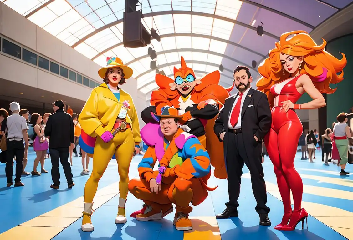 Group of people in colorful costumes and props, posing in front of a convention center, representing various fictional characters and genres..