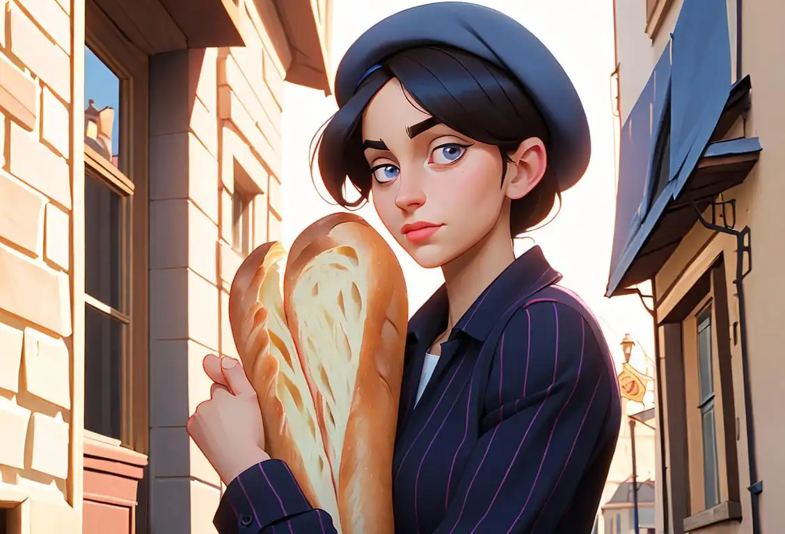 A person wearing a striped shirt and a beret, holding a French baguette, with a charming French street in the background..