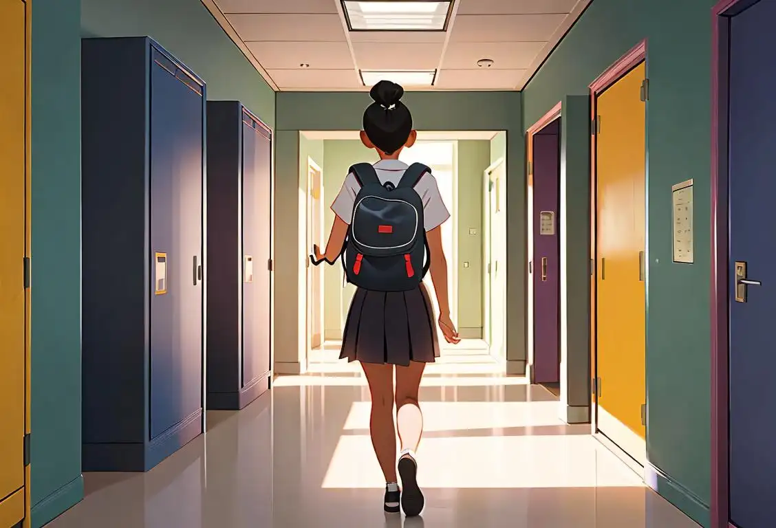A young student wearing a backpack, walking through a vibrant school hallway with lockers and cheerful classmates..