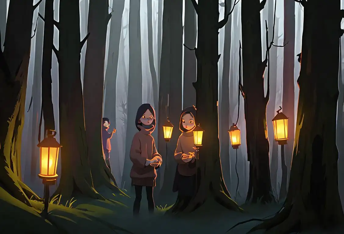 A group of friends exploring a dark, foggy forest at night, wearing cozy sweaters and carrying lanterns..