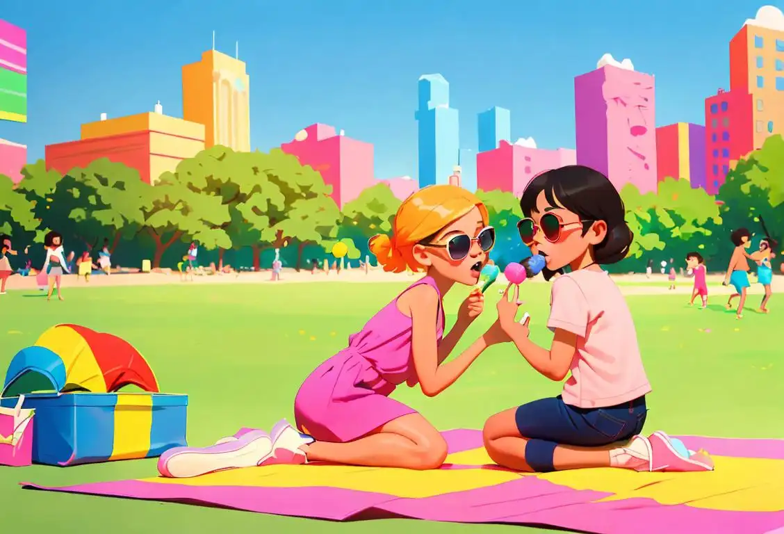 Young children happily enjoying bomb pops in a colorful, summer picnic setting, wearing sunglasses and cute summer outfits, with a vibrant city backdrop..