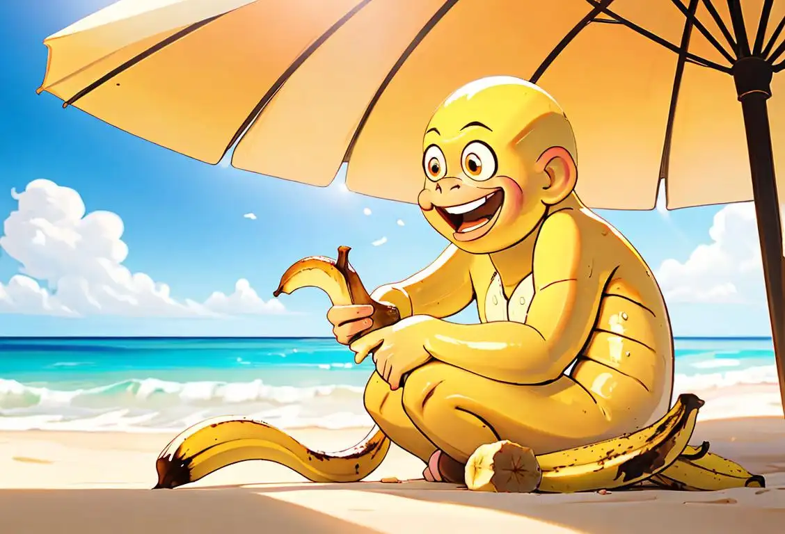 Happy banana enthusiast wearing a banana hat, surrounded by tropical beach scenery, enjoying a peeled banana in the sunshine..