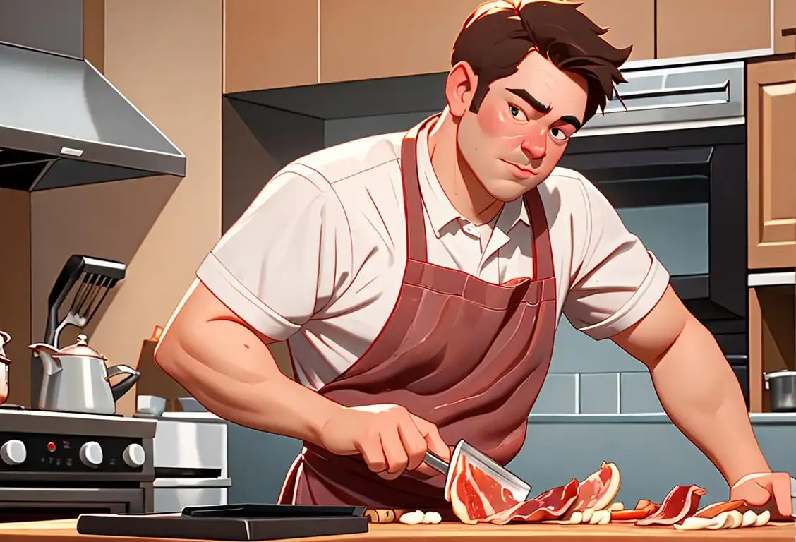 An image of a person frying crispy bacon in a skillet, wearing a checkered chef apron in a bright, modern kitchen..