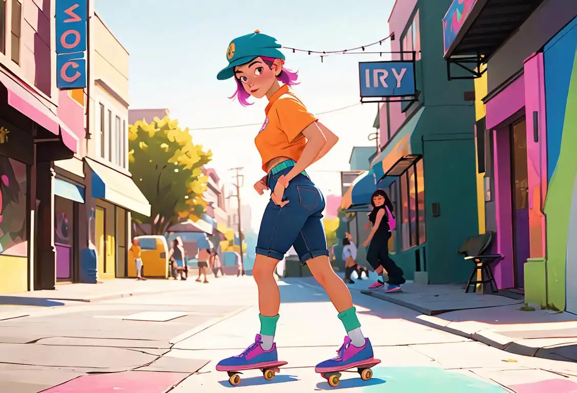 Young woman with a backwards cap, wearing mismatched socks, skateboarding in a colorful, urban street setting..