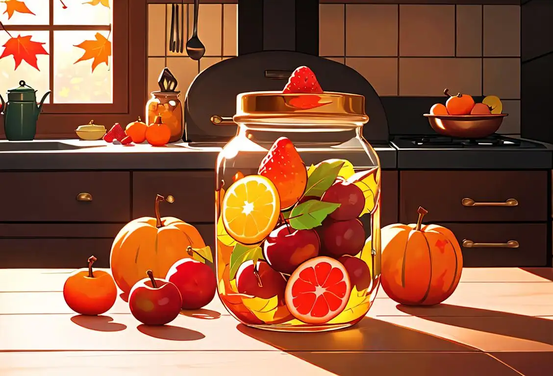 Image of a beautiful glass jar filled with colorful brandied fruits, surrounded by autumn leaves and a cozy kitchen setting..