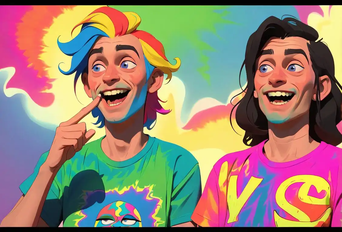Young adult sharing a laugh with friends, wearing tie-dye shirt and hippie accessories, surrounded by colorful internet memes and iconic stoner symbols..