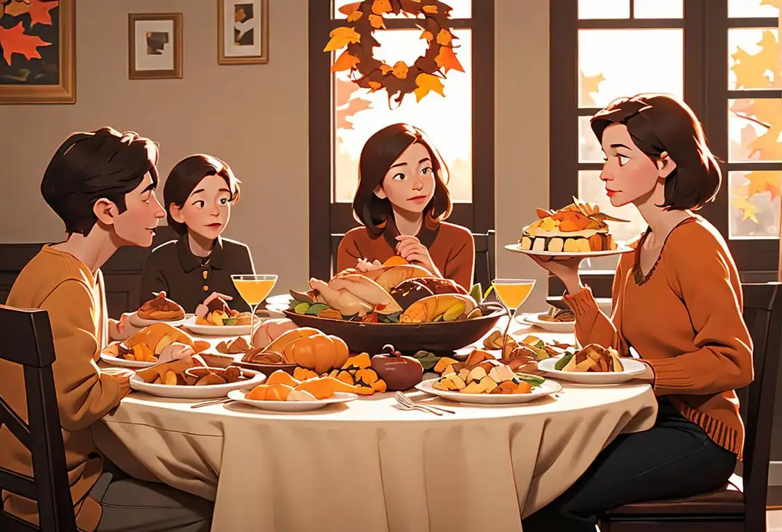 Family gathering around a beautifully set table, enjoying a bountiful Thanksgiving feast, dressed in warm autumn colors, cozy home setting..