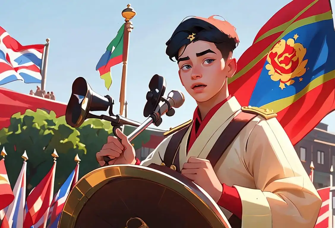 Young boy holding a national flag, wearing a traditional costume, surrounded by a vibrant city parade, celebratory atmosphere..