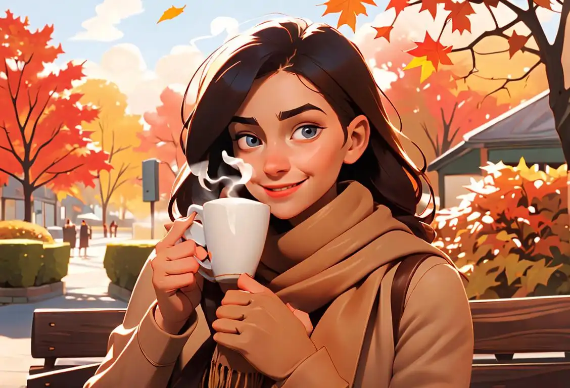 Young woman sipping a steaming cup of coffee with a smile, wearing a cozy scarf, autumn leaves falling in the background..