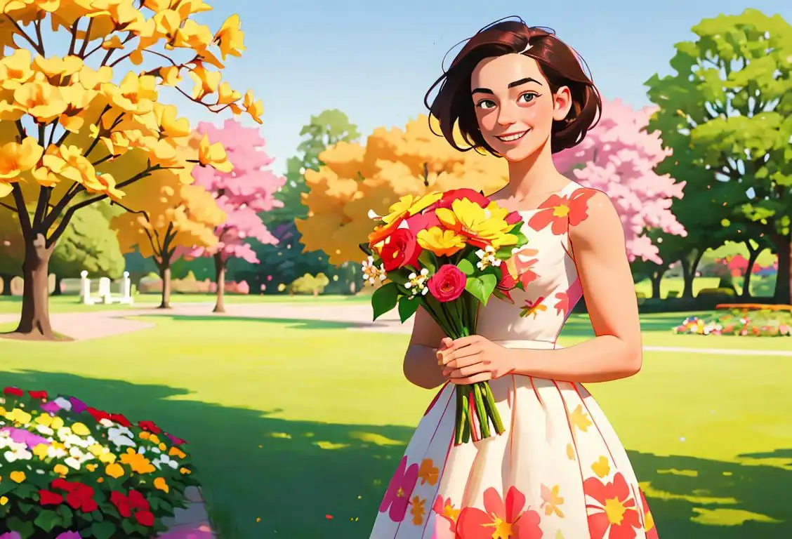 Young woman smiling and holding a bouquet of flowers, dressed in a colorful floral dress, sunny park setting..