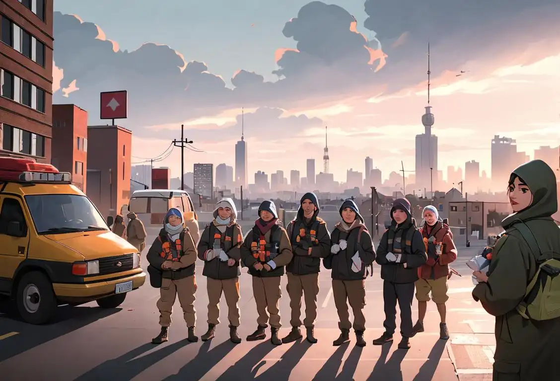 A diverse group of people wearing outdoor clothing, holding emergency kits, standing in front of a cityscape..