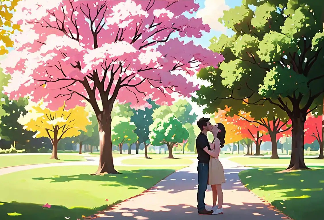 Two young people standing under a tree, wearing casual clothes, in a beautiful park setting, ready to share a sweet and innocent kiss..