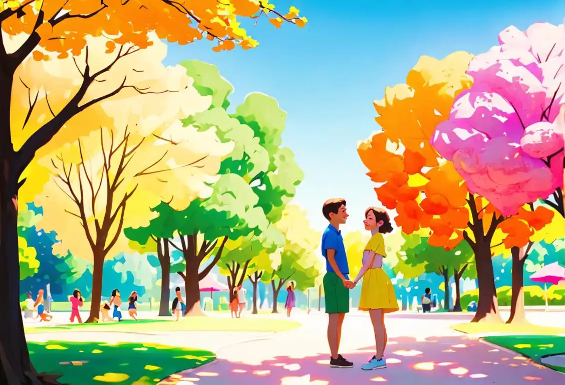 A diverse group of people holding hands, standing in a sunny park, wearing colorful summer outfits and smiling happily..