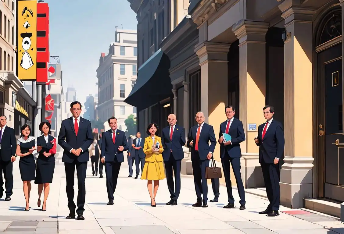 Cheerful group of people in suits and business attire, standing outside a government building, busy city street scene, with a sense of urgency in their expressions..