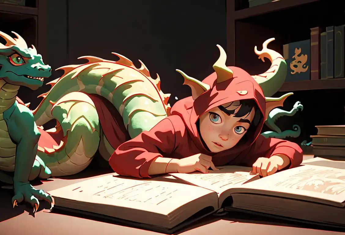A young child wearing a dragon costume, surrounded by fantasy books and toy dragons..
