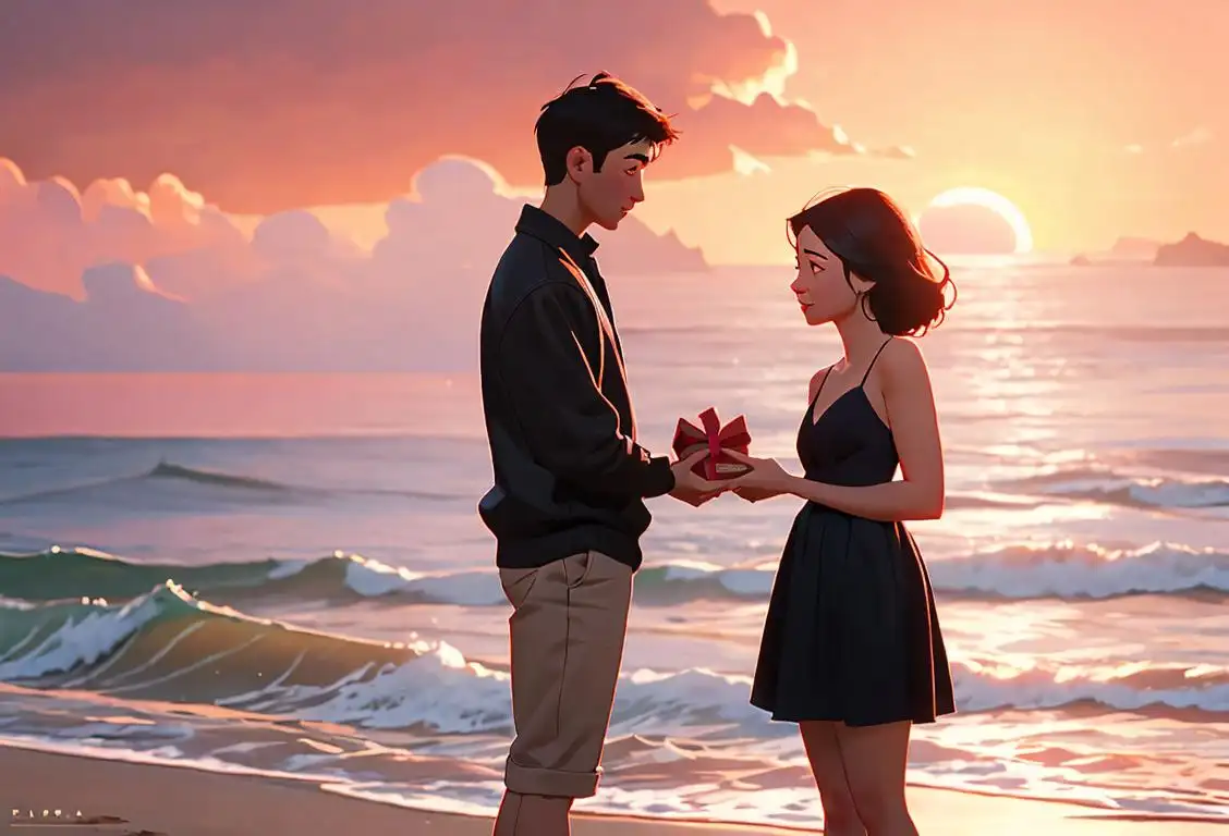 A couple holding hands, one person holds a small gift box, with a scenic background of a beautiful sunset on a beach..
