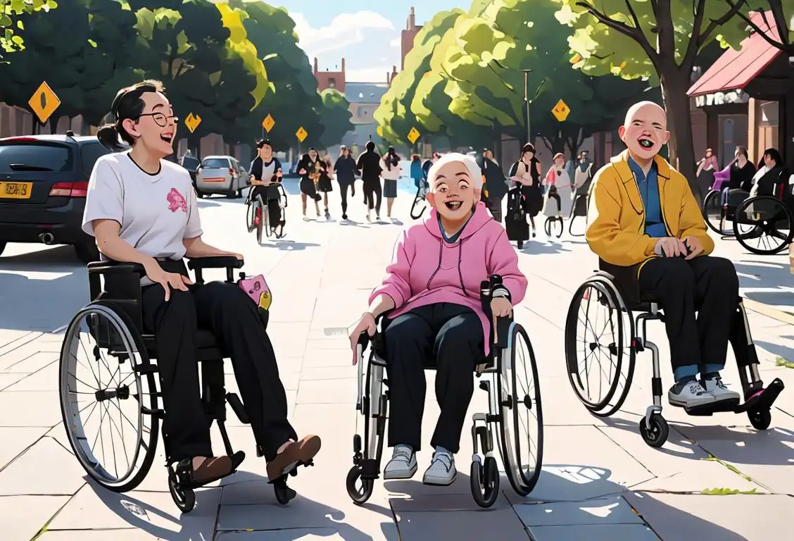 A diverse group of individuals with disabilities joyfully engaging in outdoor activities, showcasing various fashion styles and using mobility aids..