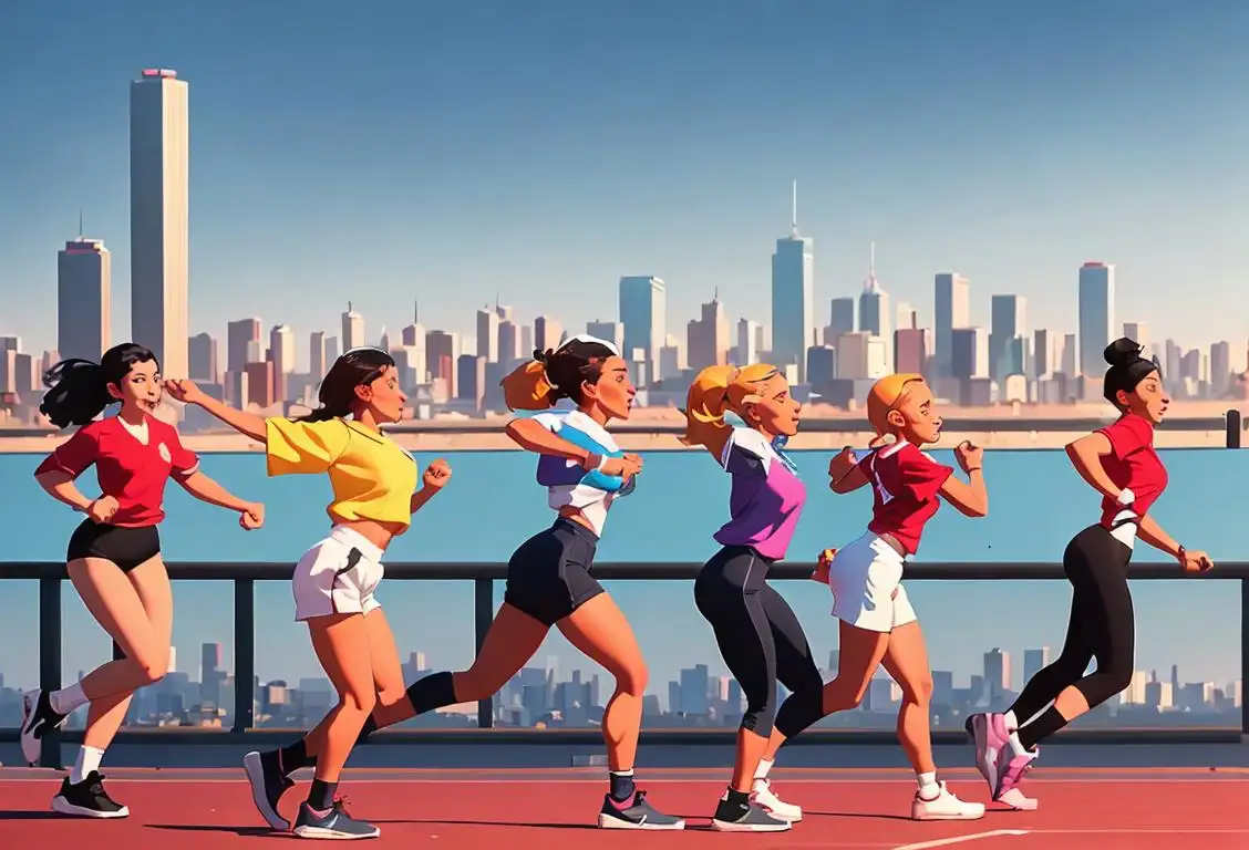 A group of diverse people engaged in various physical activities wearing sportswear, with a vibrant city skyline in the background..