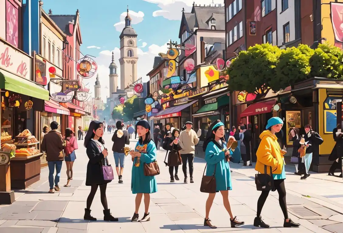 A group of diverse locals, wearing unique clothing styles, enjoying a bustling city scene, with local food and cultural landmarks in the background..