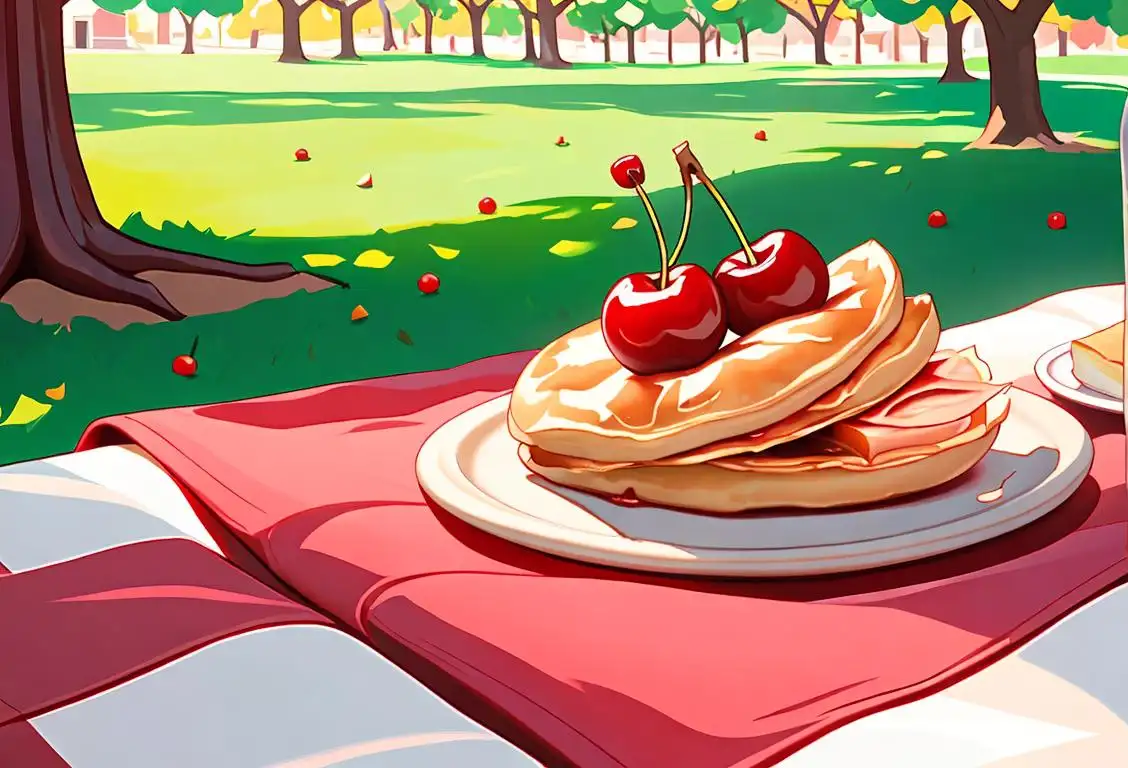 A hand holding a cherry turnover with a cherry on top, surrounded by a picnic blanket, sunny park setting..