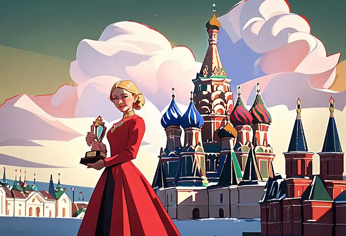 Young woman receiving a national award dressed in elegant attire, surrounded by a festive Russian setting, with a backdrop of iconic landmarks..