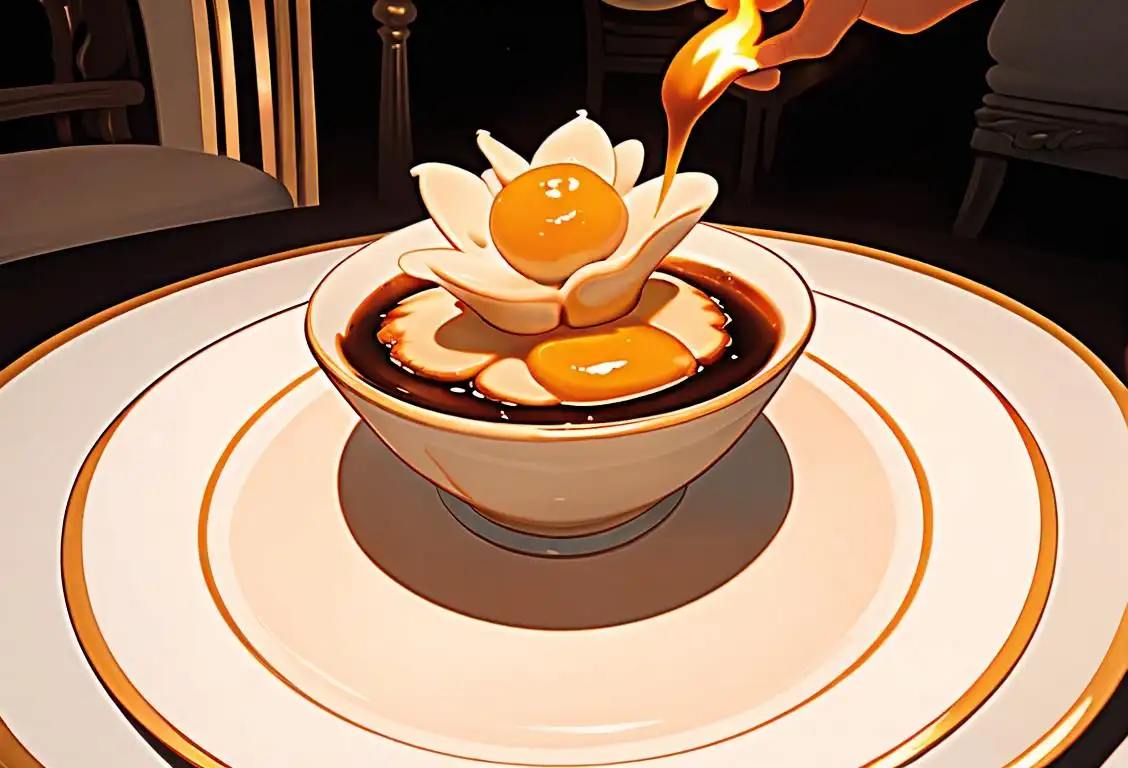Close-up of a creme brulee being torched with a flaming blowtorch, with elegant table setting, featuring fine china and a bouquet of flowers..