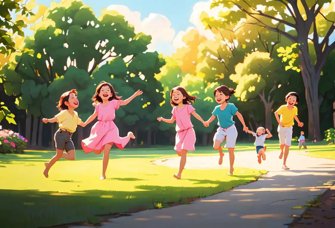 A joyful group of cousins smiling and playing together in a beautiful outdoor setting, wearing casual and comfortable clothing, surrounded by nature..
