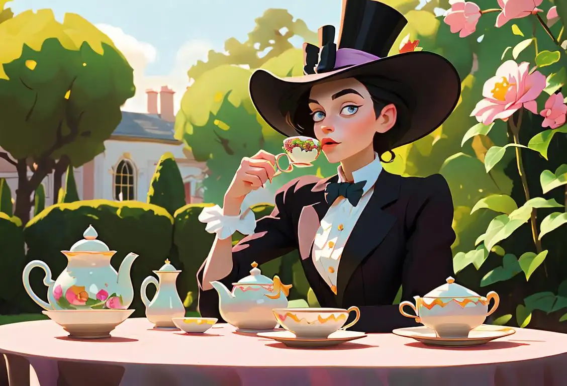 Young woman wearing a whimsical top hat and sipping tea from a dainty cup, surrounded by colorful and peculiar tea party decorations, in a garden setting..