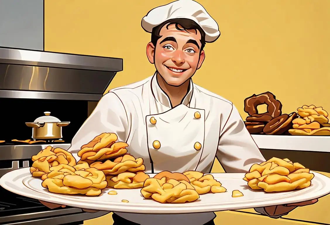 A smiling chef holding a platter of golden fritters, wearing a classic white chef's hat, bright kitchen setting..