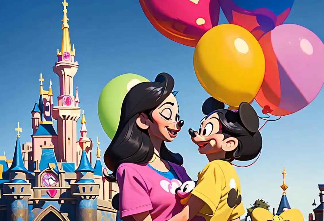 A cheerful family holding colorful Mickey Mouse balloons, wearing matching Disneyland t-shirts, in front of Sleeping Beauty's Castle..