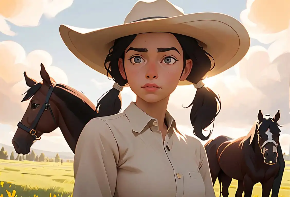 Young girl with pigtails, wearing a cowboy hat, surrounded by horses in a sunlit meadow..