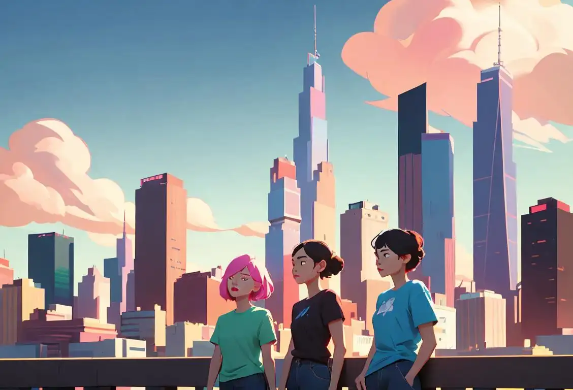 A diverse group of people standing together with their mouths closed, wearing different colored t-shirts, cityscape background..