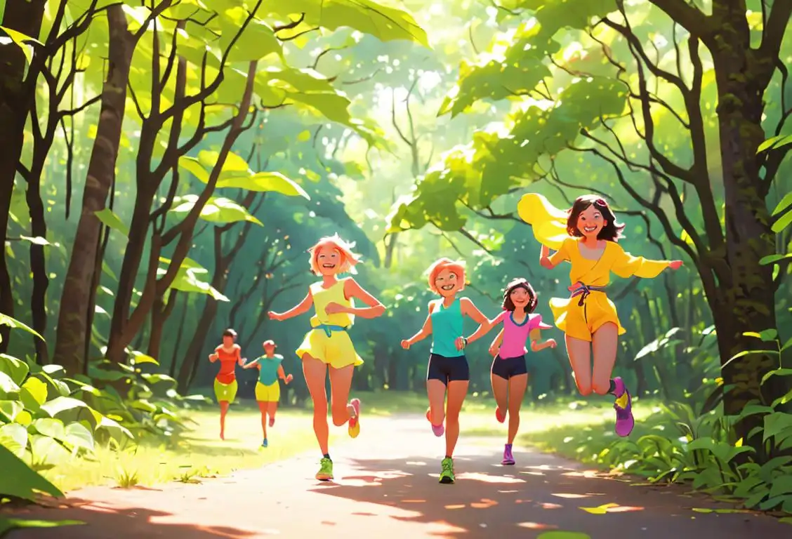 A group of diverse friends wearing brightly colored summer outfits, running through a lush forest, with smiles on their faces and a sense of adventure in the air..
