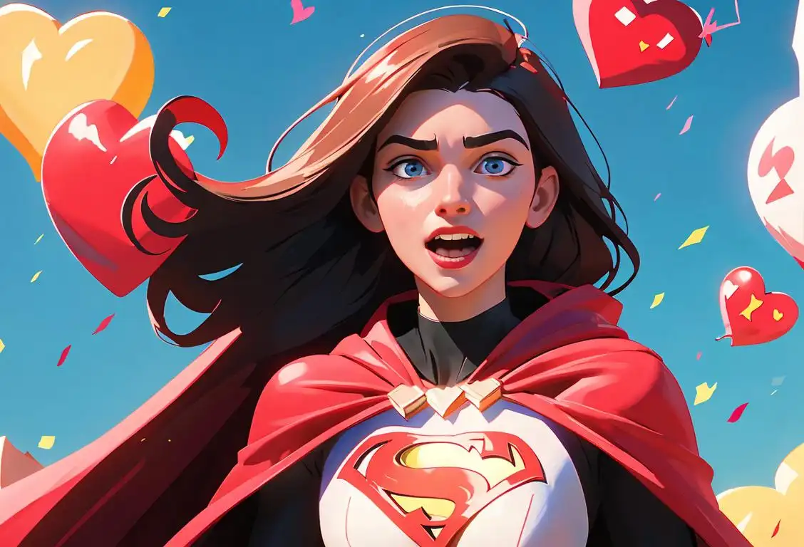 Young woman holding a giant red heart, wearing a superhero cape, surrounded by a joyful crowd, colorful confetti flying in the air..