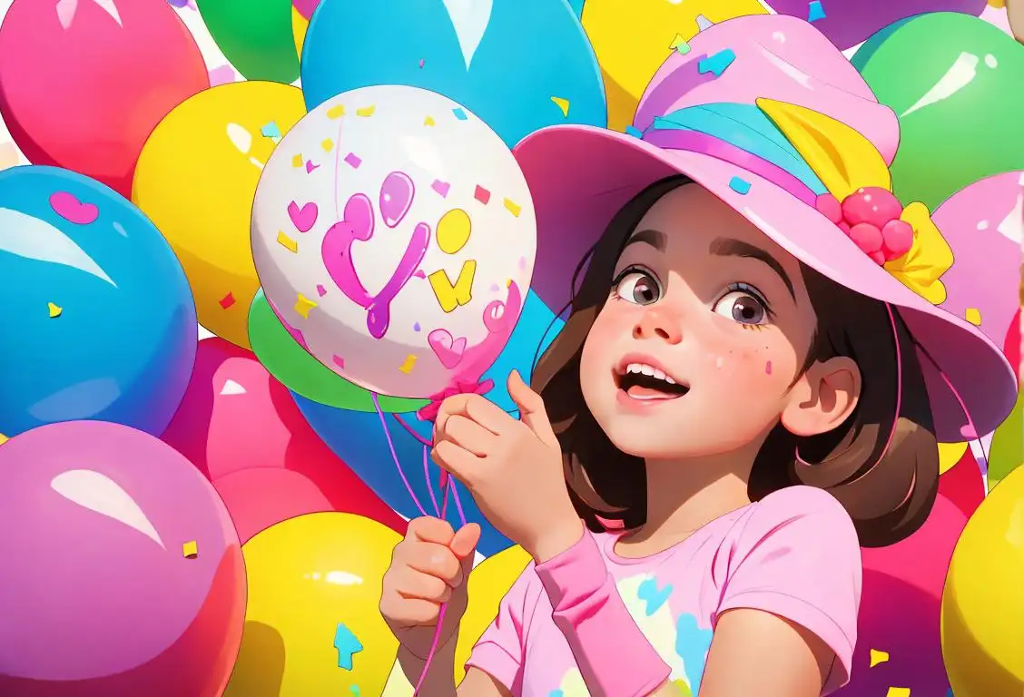 A joyful child enjoying a cake pop, wearing a party hat, surrounded by colorful balloons and confetti..