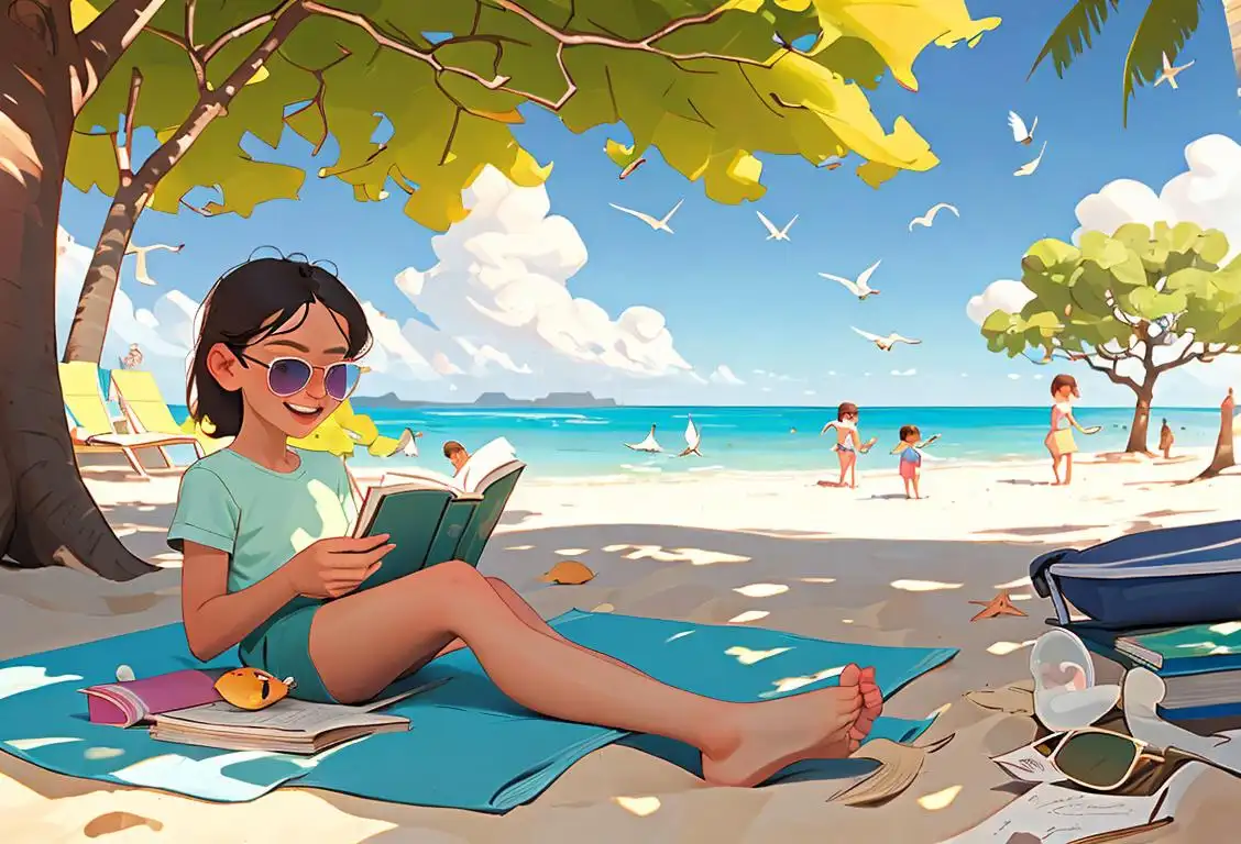Happy child reading a book under a shady tree, wearing sunglasses, beach fashion, beach scene with seagulls flying..