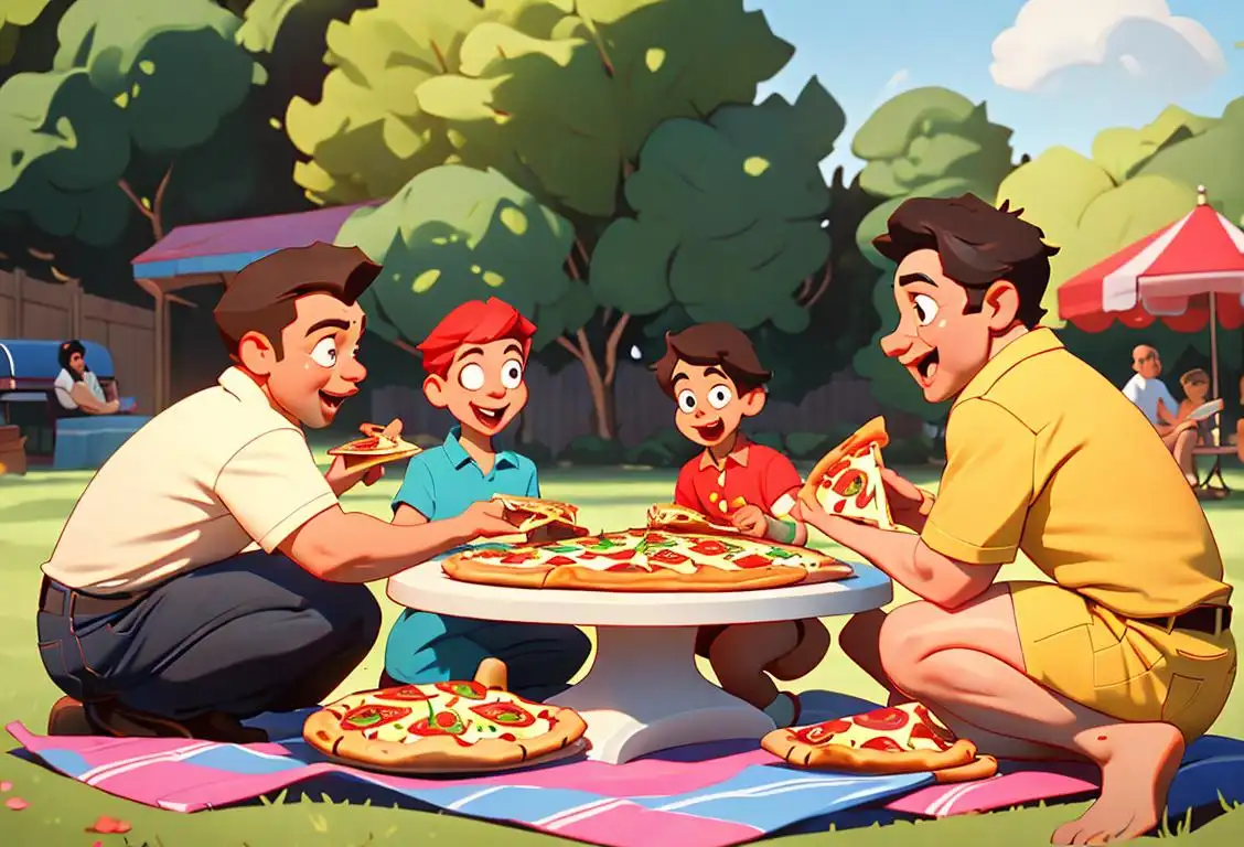 A group of diverse friends happily sharing a delicious pizza pie at a backyard picnic, enjoying each other's company and the mouthwatering flavors..