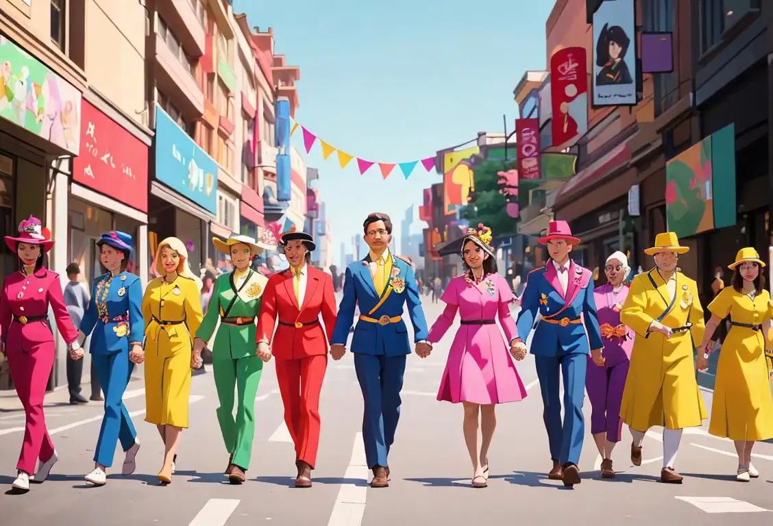 A diverse group of people, wearing various colorful outfits, holding hands and marching together in unity, in an urban city setting..