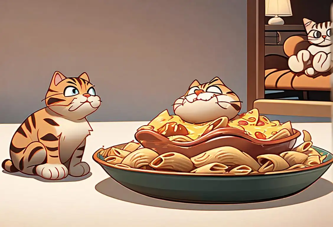 A delightful depiction of Garfield, the lasagna-loving cat, lounging on a patterned sofa surrounded by comic strips and a bowl of pasta..