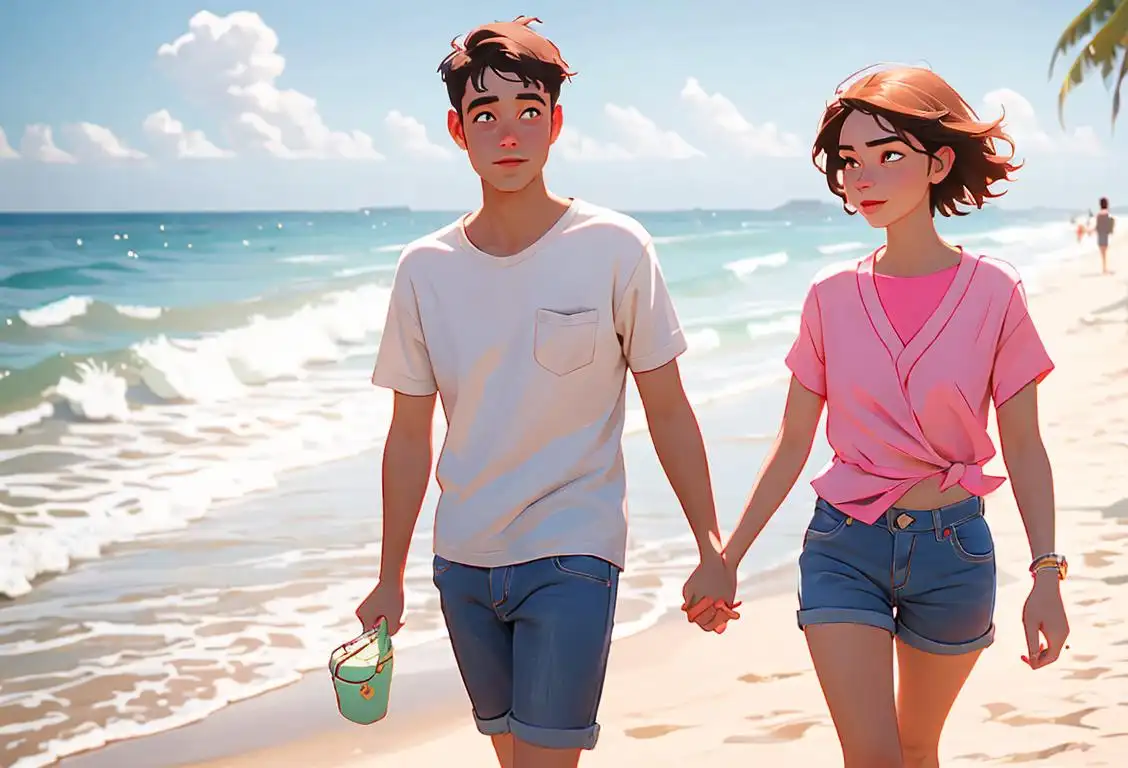 Two people, one male and one female, holding hands while walking on a sunny beach, wearing casual summer outfits..