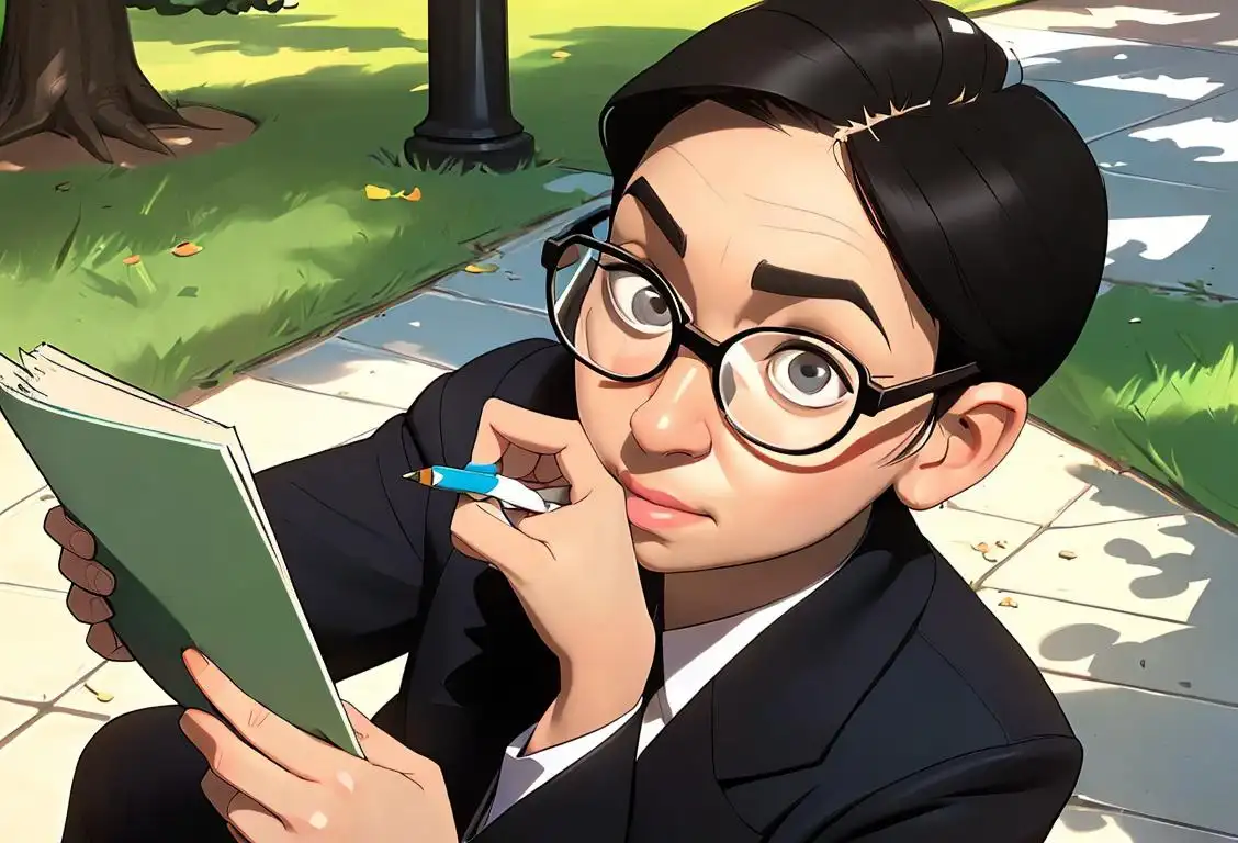 Smartly dressed person with thick-rimmed glasses and a pencil, solving a crossword puzzle in a sunny park..
