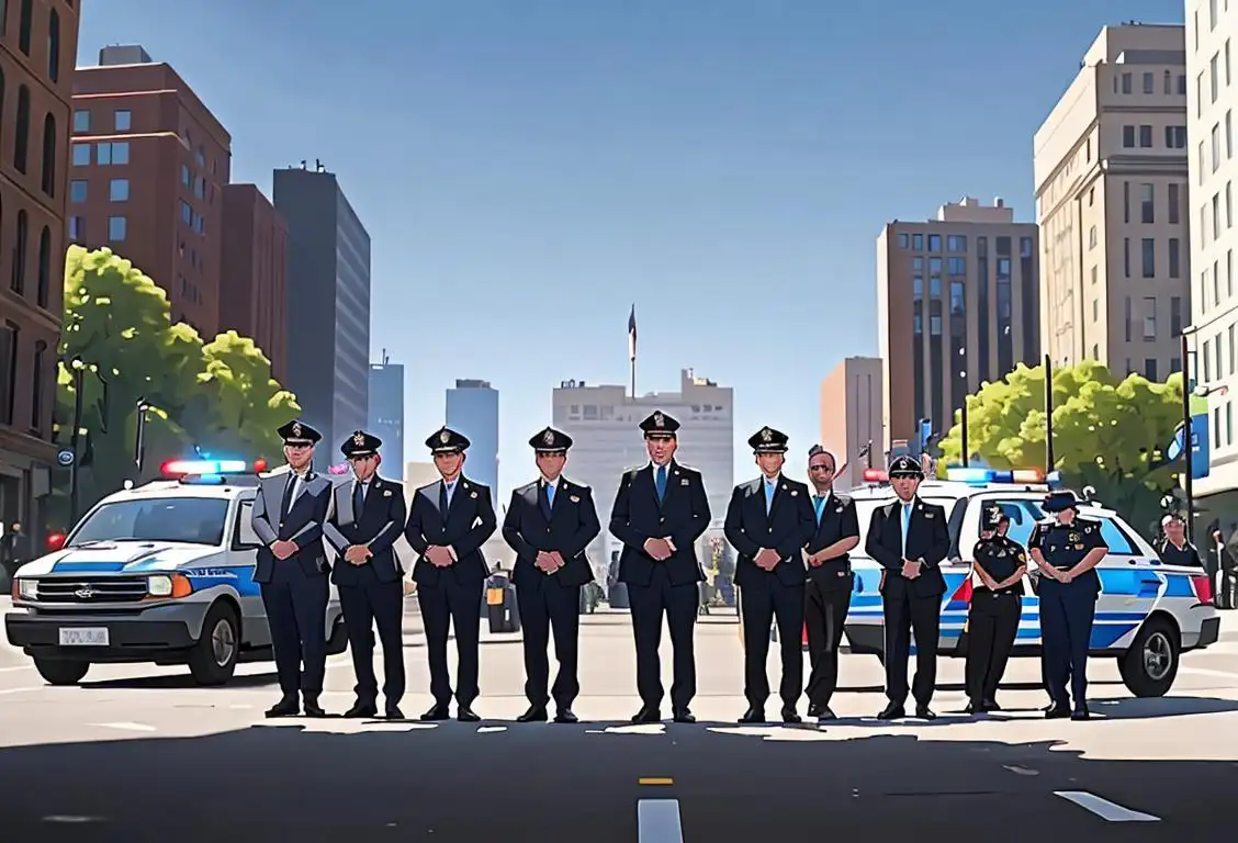 A group of diverse police officers wearing their uniforms, standing together with pride and solidarity, against the backdrop of a bustling city scene..